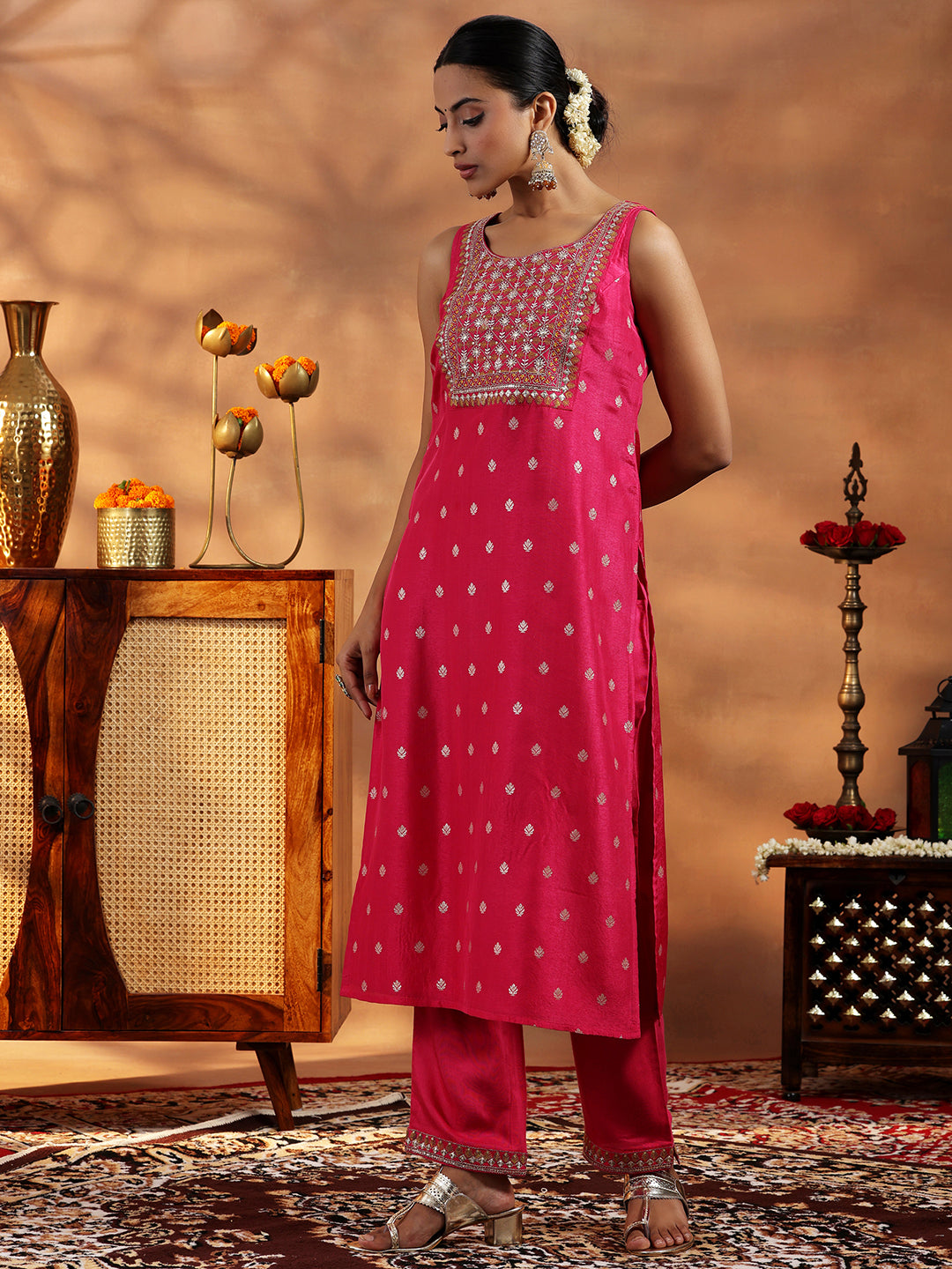 Pink Woven Design Silk Blend Straight Suit With Dupatta