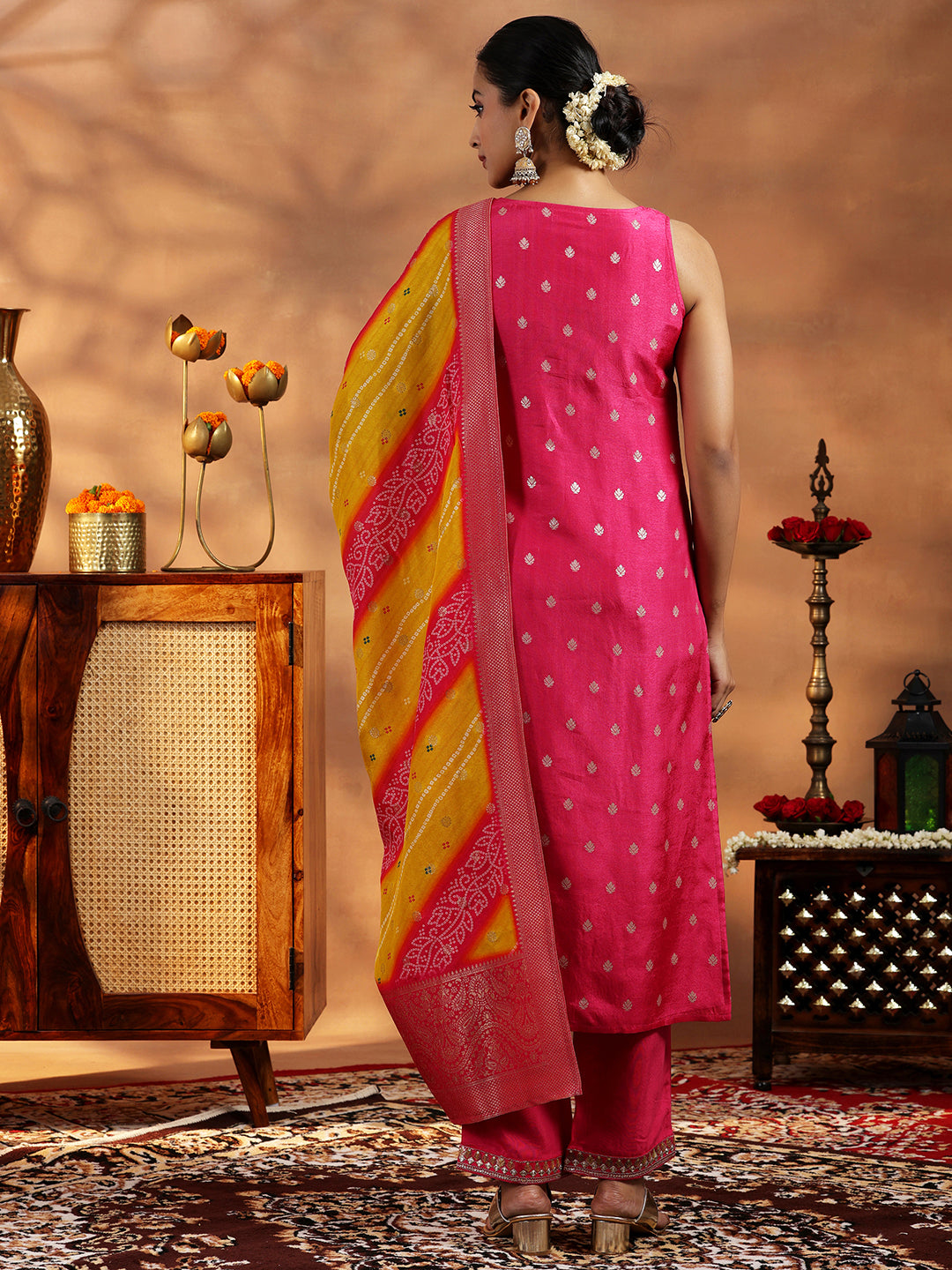 Pink Woven Design Silk Blend Straight Suit With Dupatta