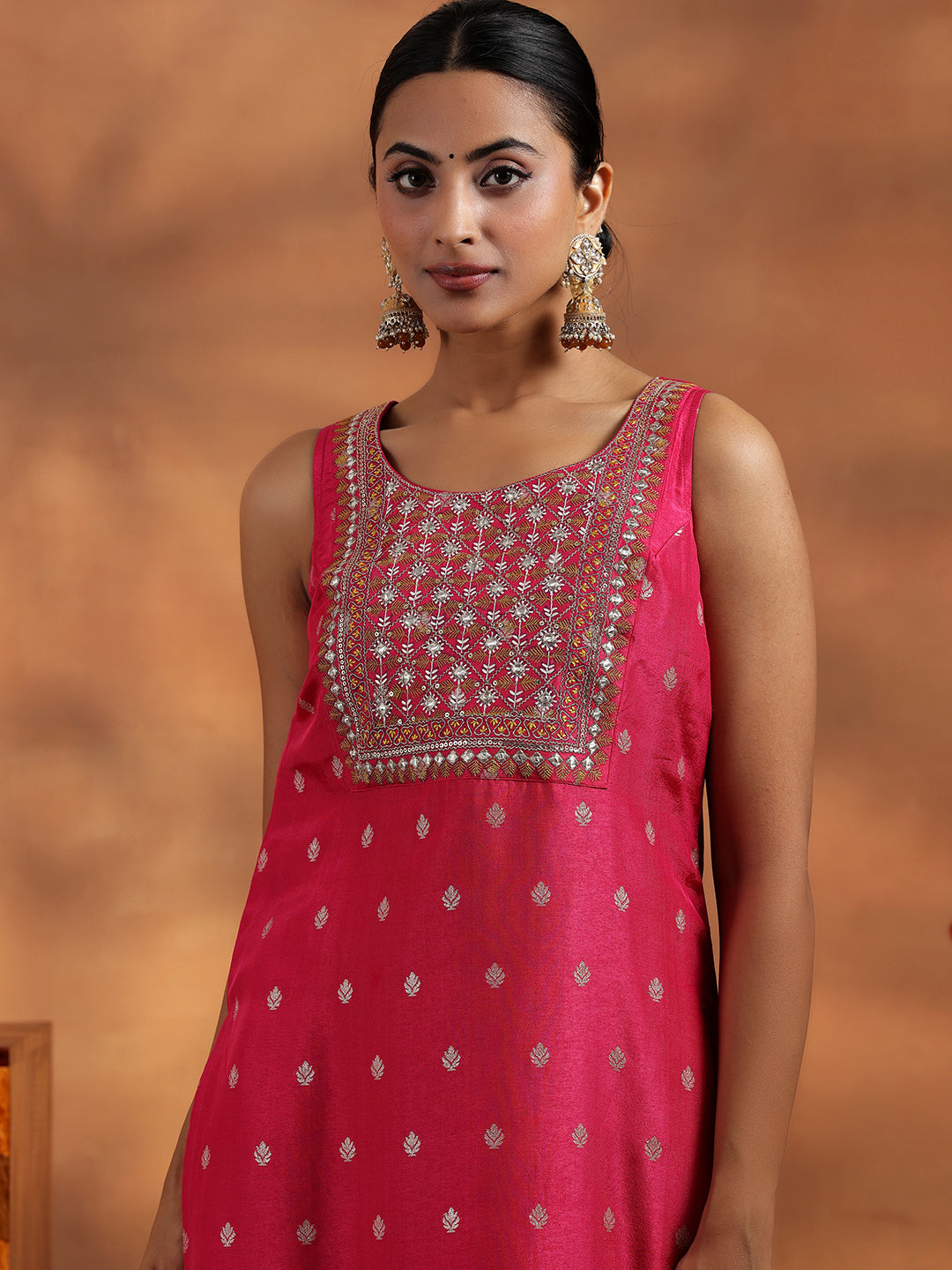 Pink Woven Design Silk Blend Straight Suit With Dupatta