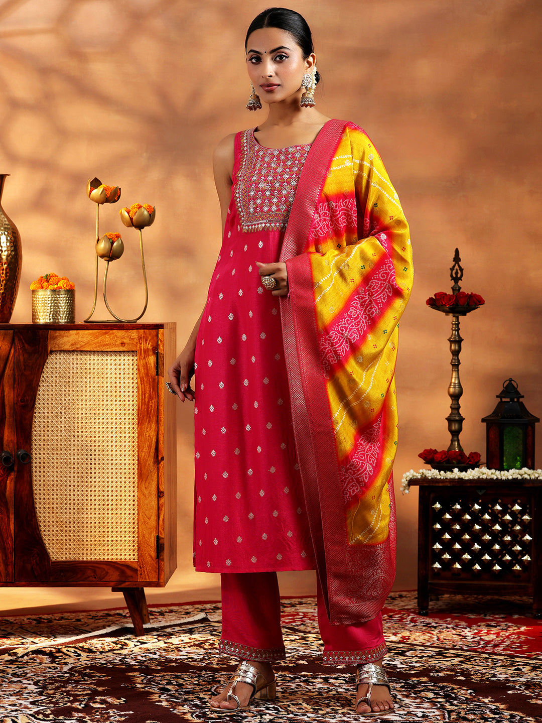 Pink Woven Design Silk Blend Straight Suit With Dupatta