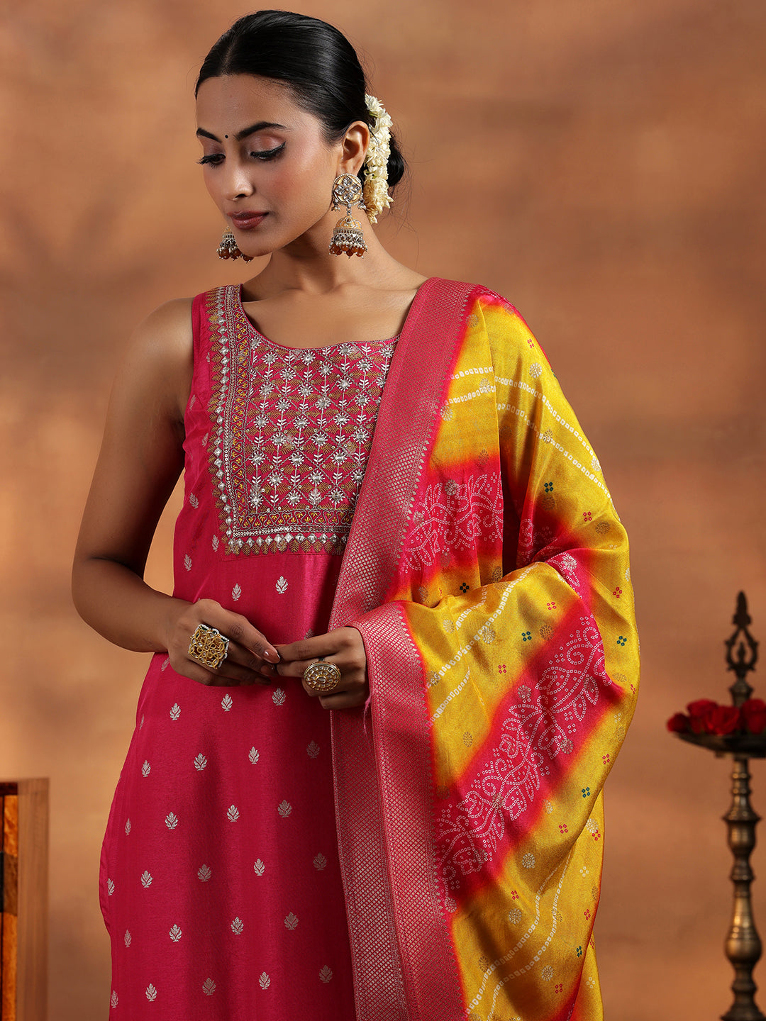 Pink Woven Design Silk Blend Straight Suit With Dupatta