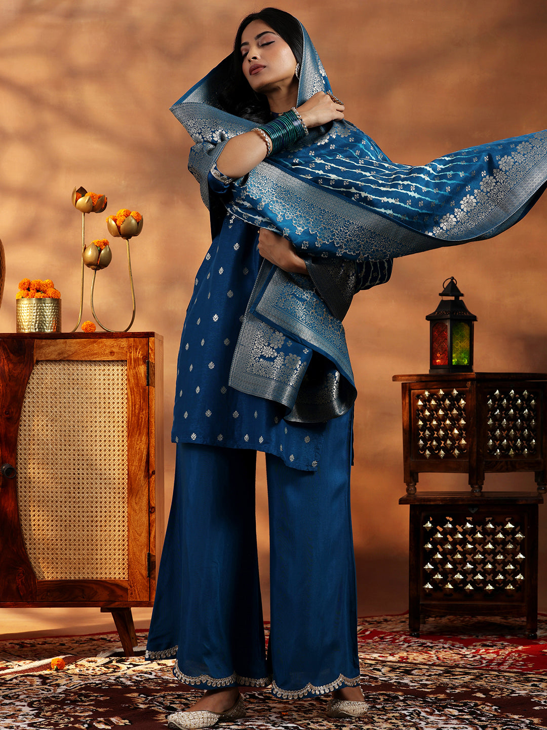 Blue Woven Design Silk Blend Straight Suit With Dupatta