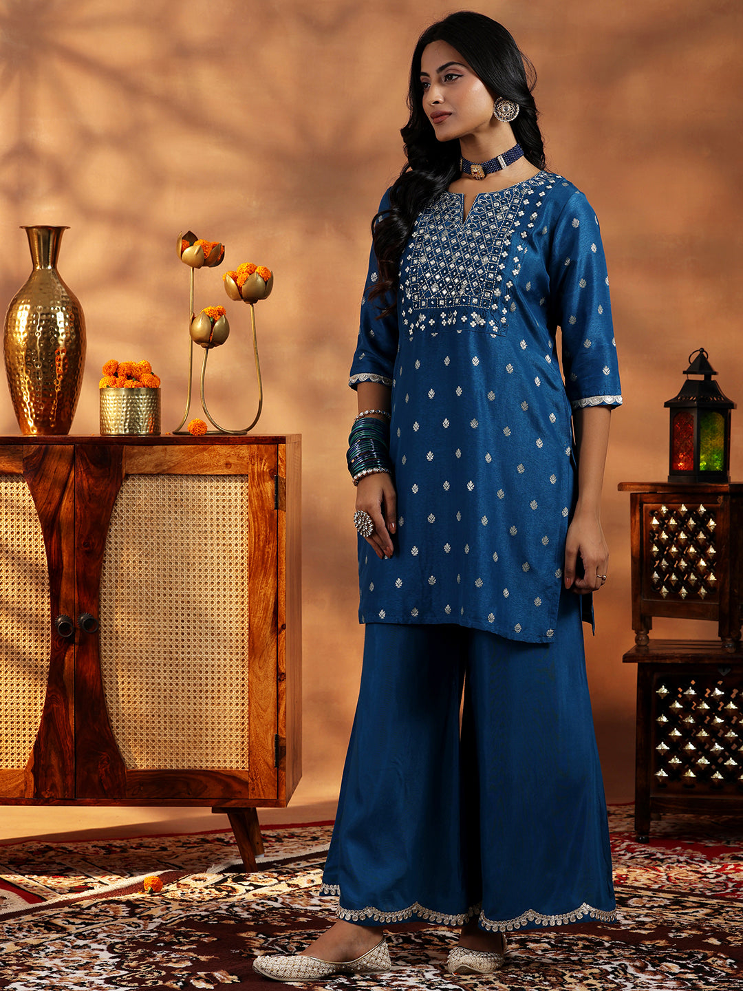 Blue Woven Design Silk Blend Straight Suit With Dupatta