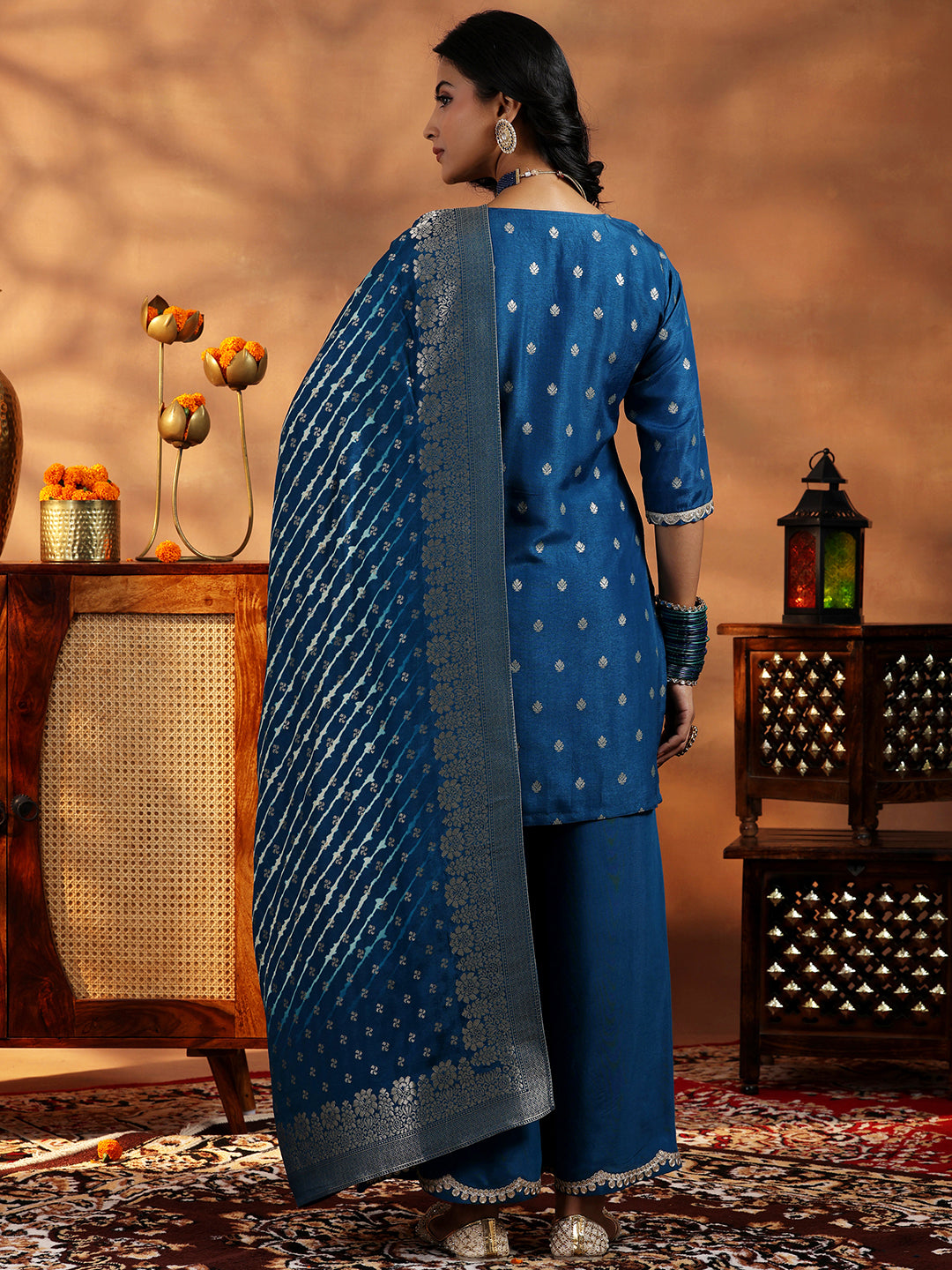 Blue Woven Design Silk Blend Straight Suit With Dupatta