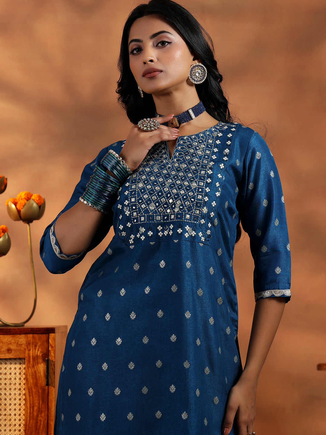 Blue Woven Design Silk Blend Straight Suit With Dupatta