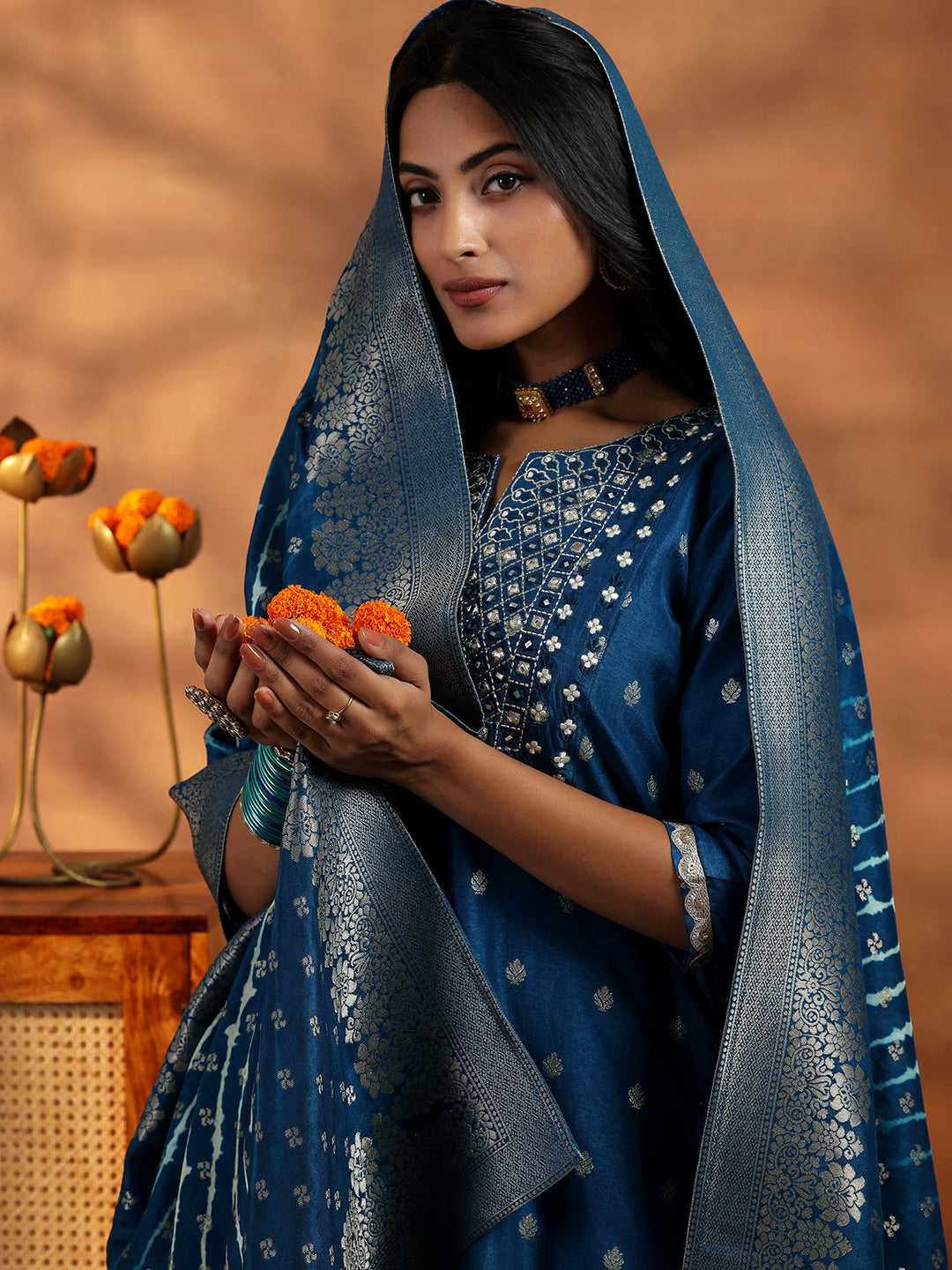 Blue Woven Design Silk Blend Straight Suit With Dupatta