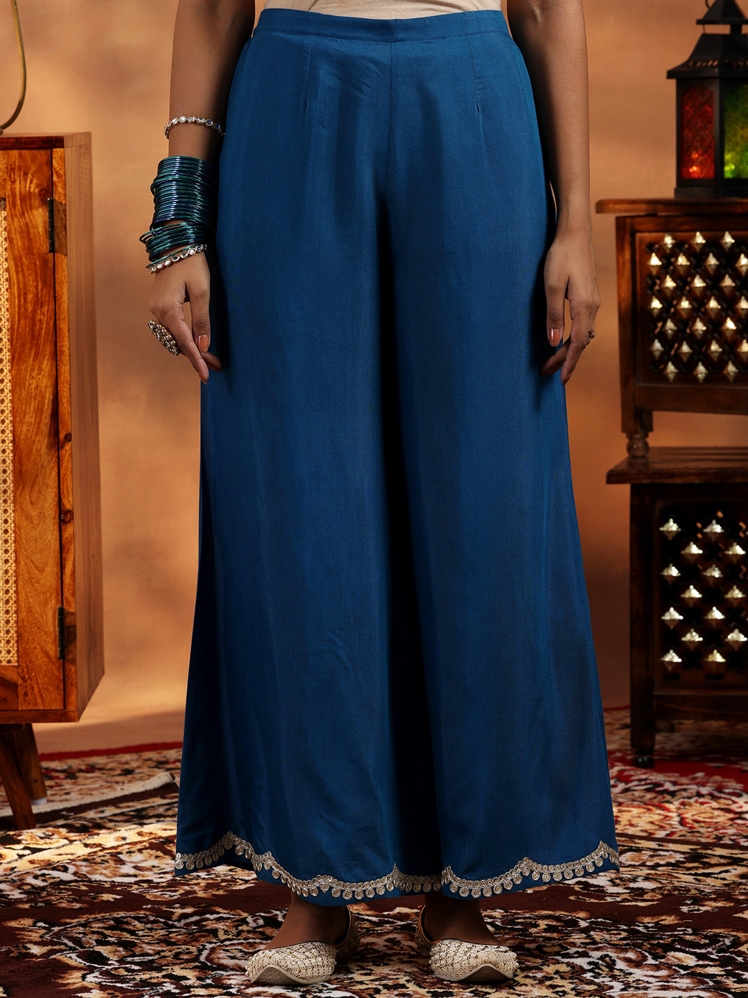 Blue Woven Design Silk Blend Straight Suit With Dupatta