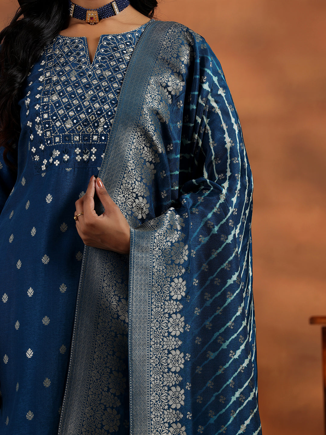 Blue Woven Design Silk Blend Straight Suit With Dupatta