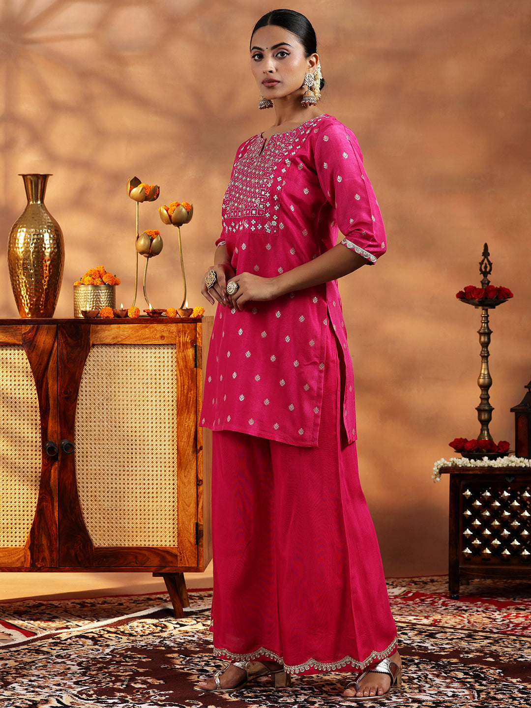 Pink Woven Design Silk Blend Straight Suit With Dupatta