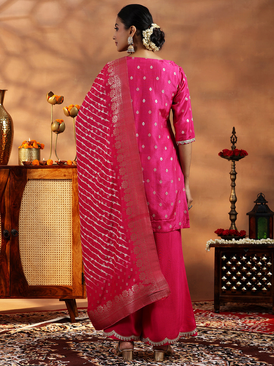 Pink Woven Design Silk Blend Straight Suit With Dupatta