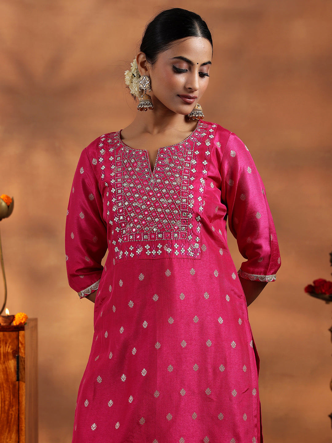 Pink Woven Design Silk Blend Straight Suit With Dupatta