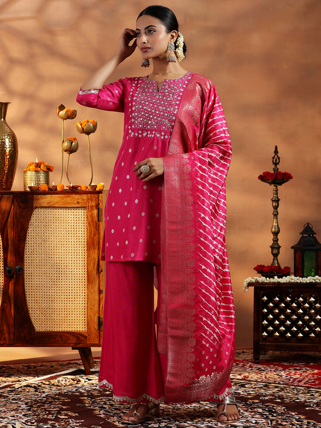 Pink Woven Design Silk Blend Straight Suit With Dupatta