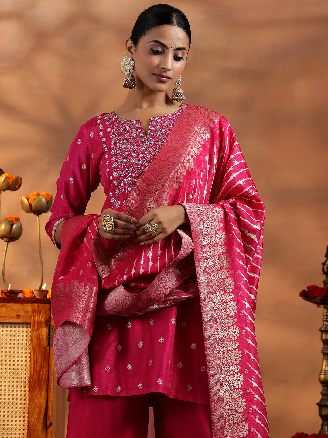 Pink Woven Design Silk Blend Straight Suit With Dupatta