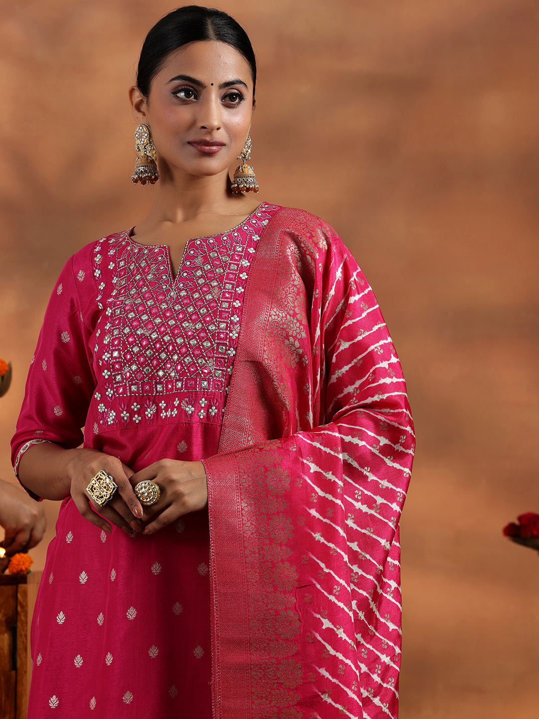 Pink Woven Design Silk Blend Straight Suit With Dupatta