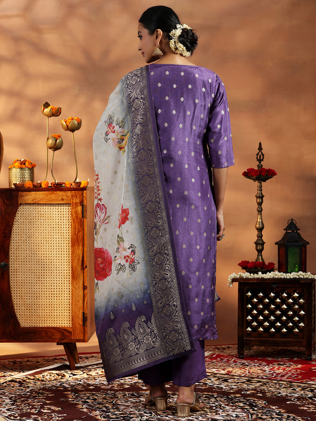 Purple Woven Design Silk Blend Straight Suit With Dupatta