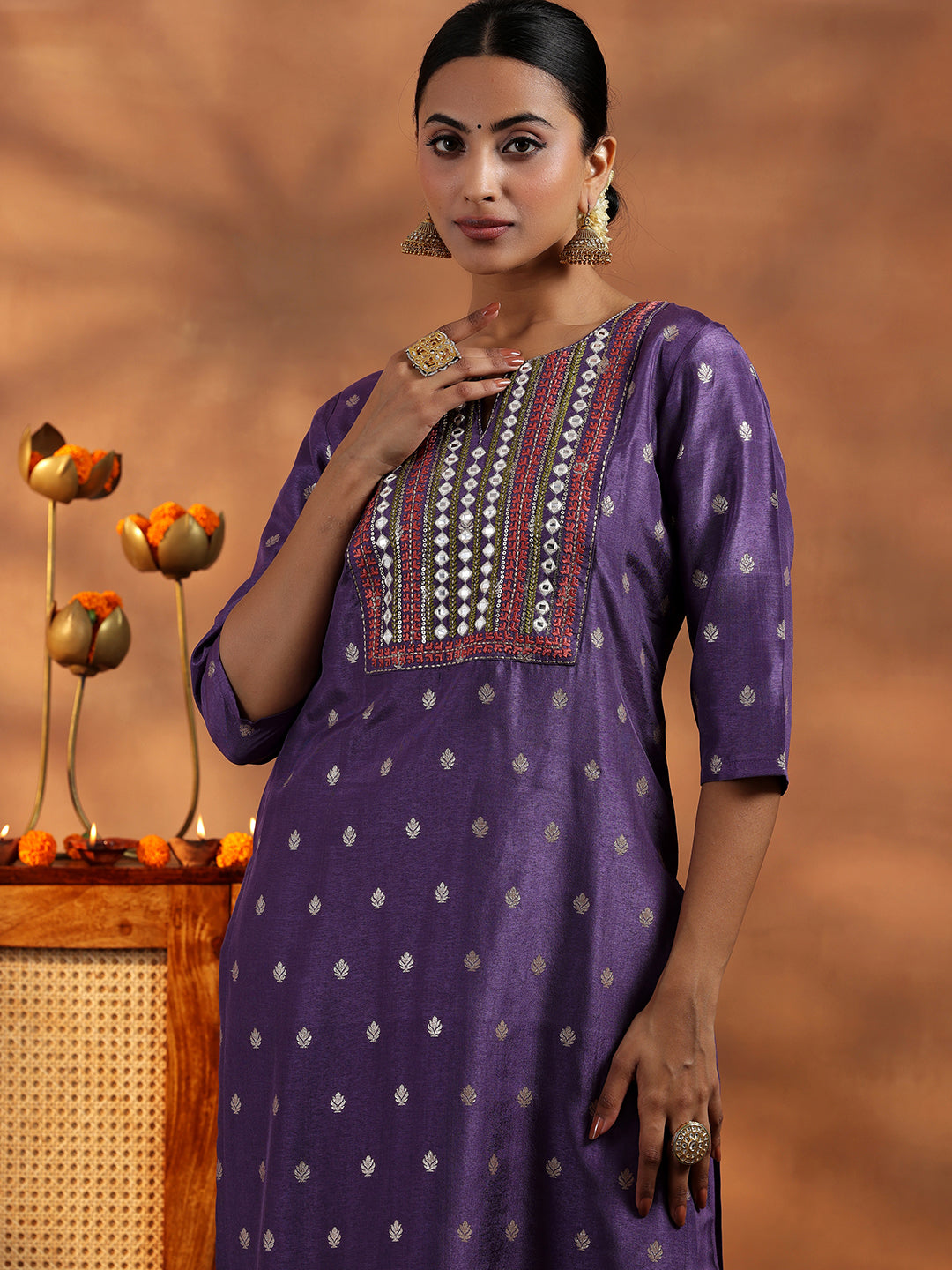 Purple Woven Design Silk Blend Straight Suit With Dupatta