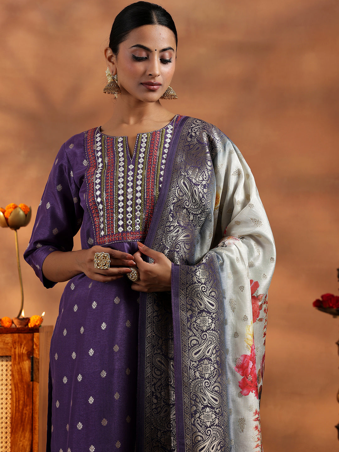 Purple Woven Design Silk Blend Straight Suit With Dupatta