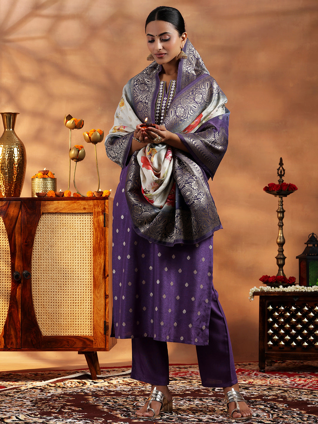 Purple Woven Design Silk Blend Straight Suit With Dupatta