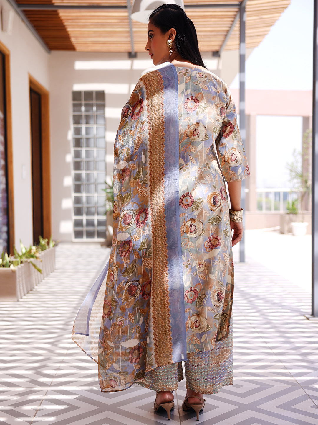 Grey Printed Silk Blend Straight Suit With Dupatta