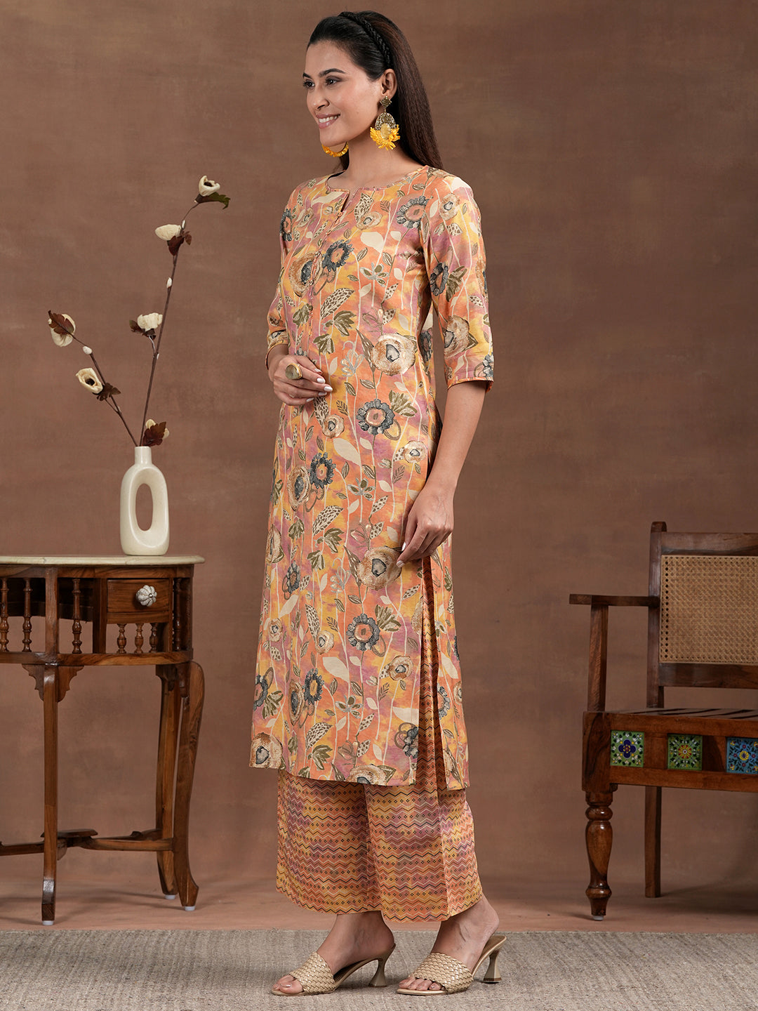 Orange Printed Silk Blend Straight Suit With Dupatta