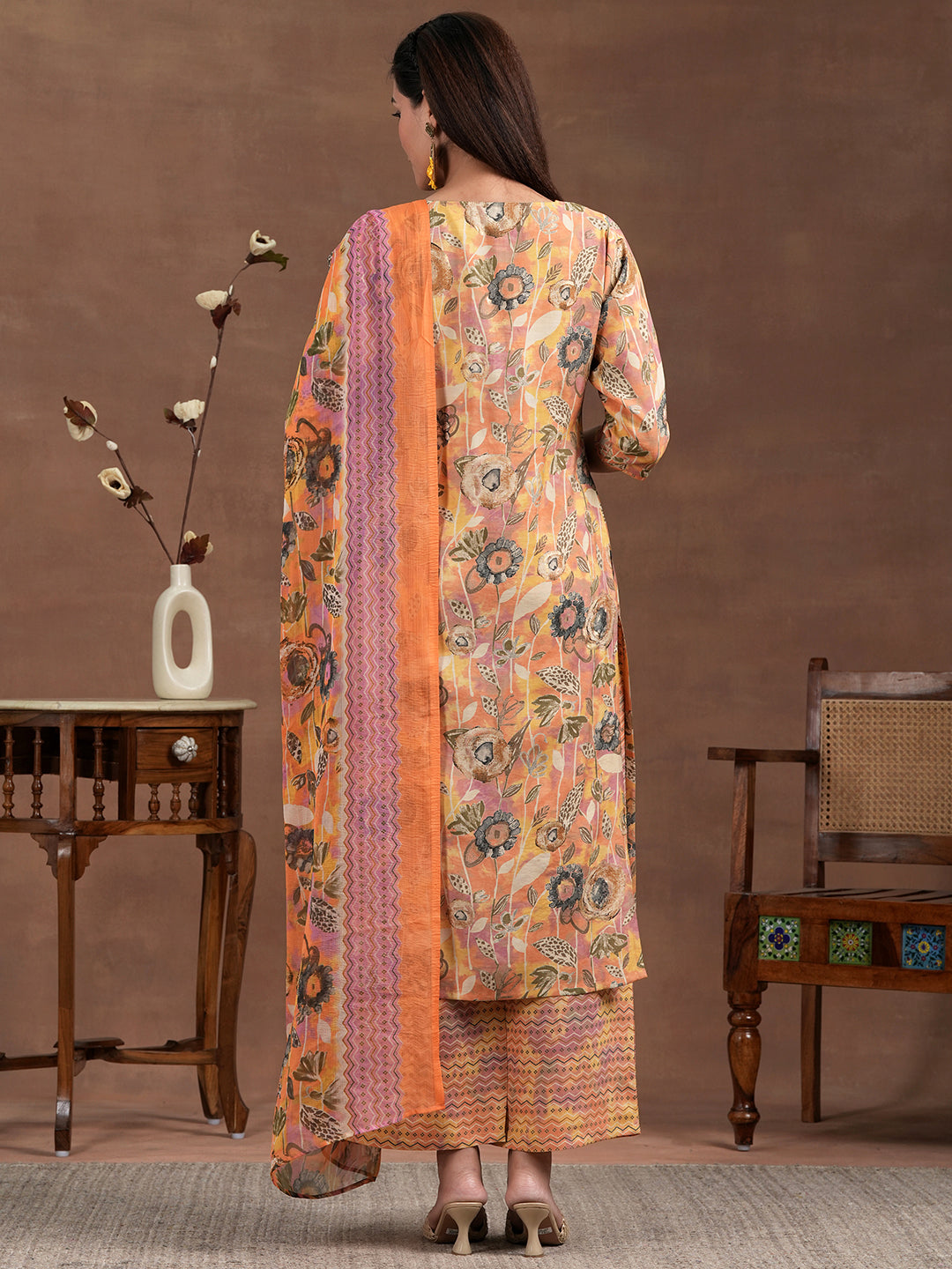 Orange Printed Silk Blend Straight Suit With Dupatta