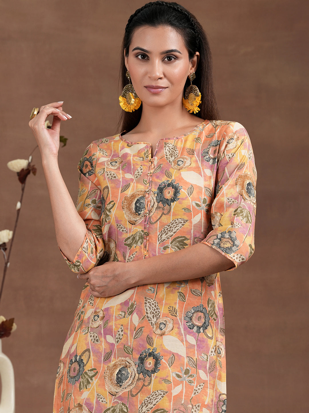 Orange Printed Silk Blend Straight Suit With Dupatta