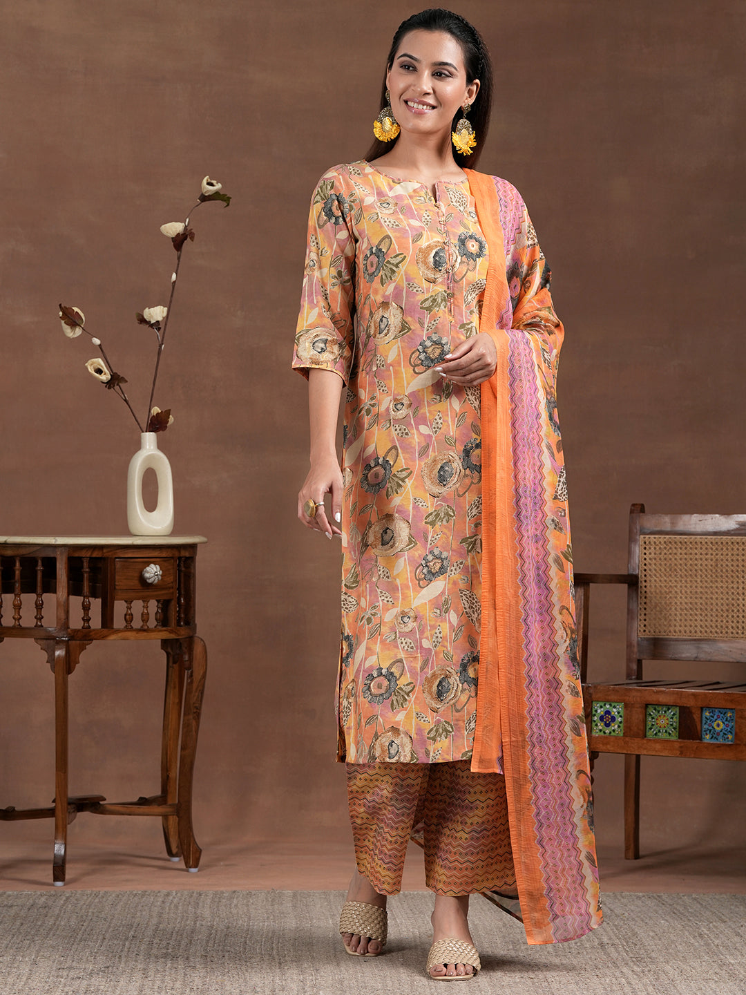 Orange Printed Silk Blend Straight Suit With Dupatta