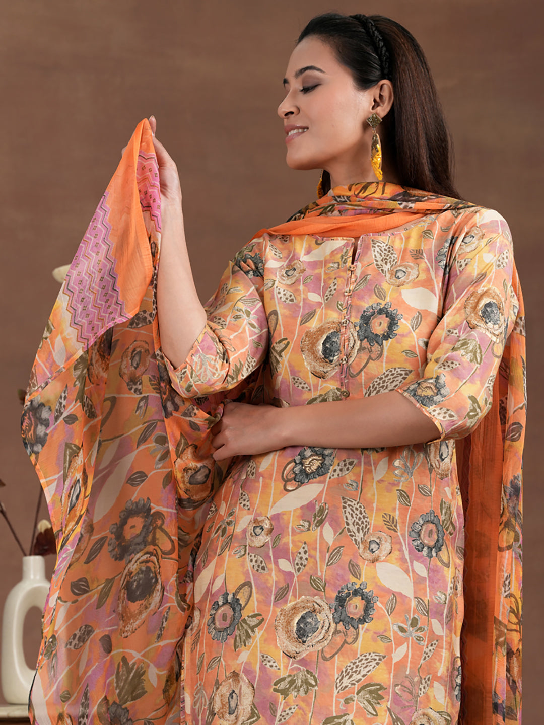 Orange Printed Silk Blend Straight Suit With Dupatta