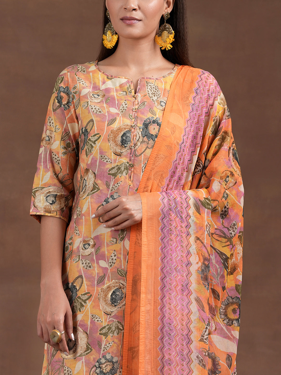 Orange Printed Silk Blend Straight Suit With Dupatta