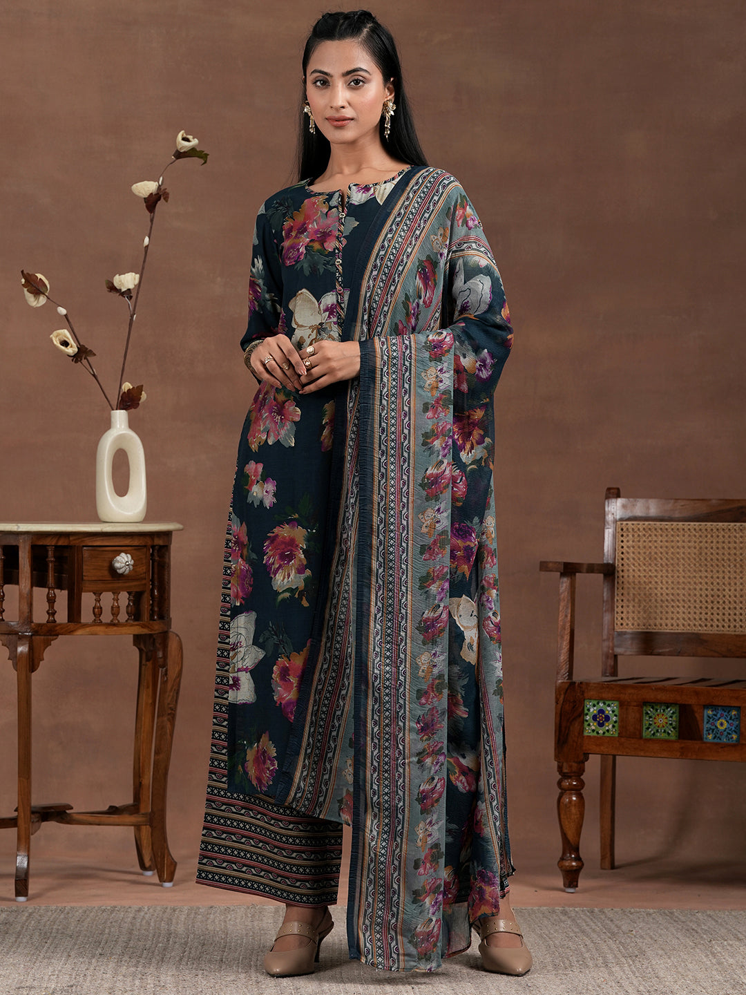 Blue Printed Silk Blend Straight Suit With Dupatta