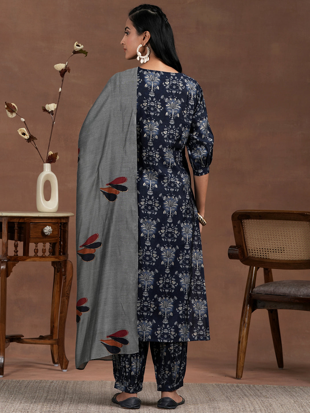 Blue Printed Silk Blend Straight Suit With Dupatta