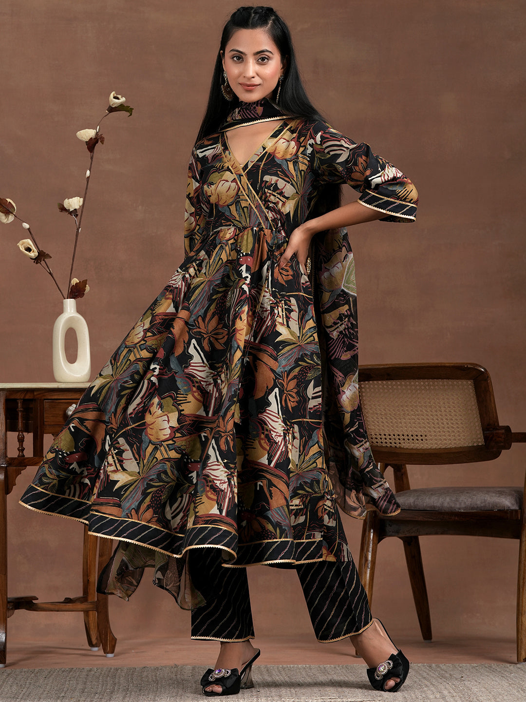 Black Printed Silk Blend Anarkali Suit With Dupatta