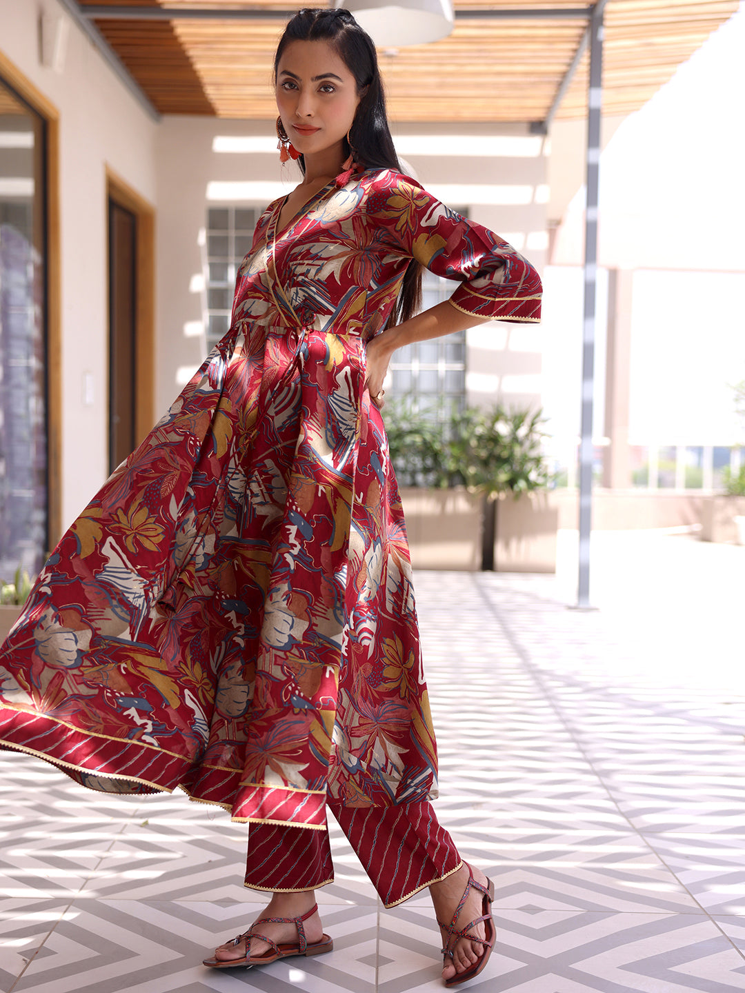 Maroon Printed Silk Blend Anarkali Suit With Dupatta