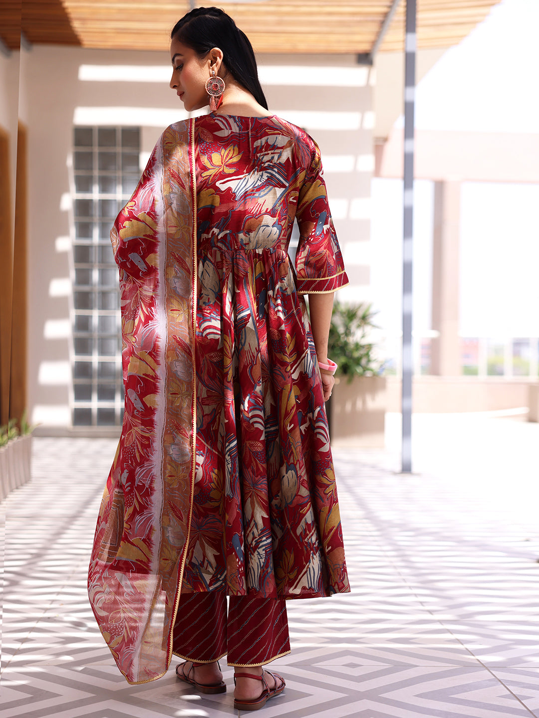 Maroon Printed Silk Blend Anarkali Suit With Dupatta