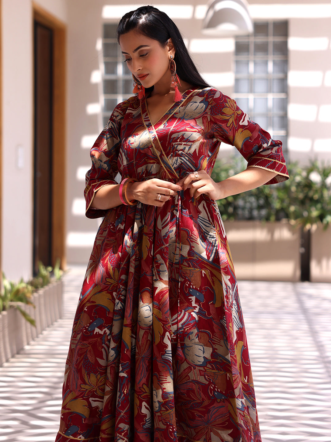 Maroon Printed Silk Blend Anarkali Suit With Dupatta