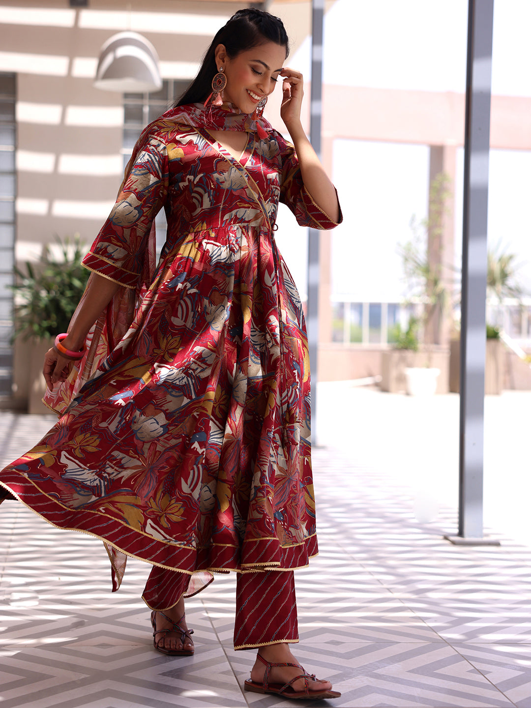 Maroon Printed Silk Blend Anarkali Suit With Dupatta