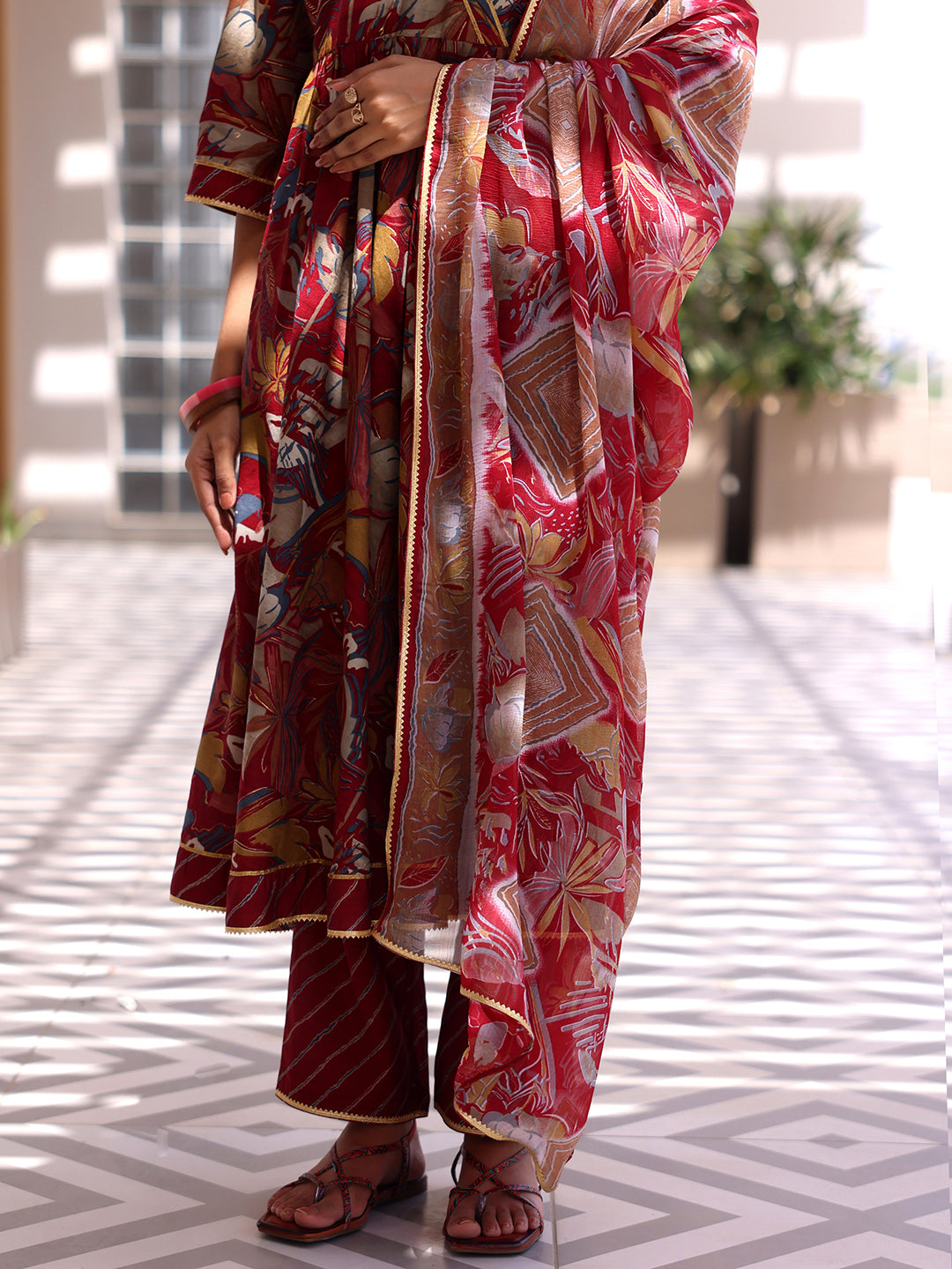 Maroon Printed Silk Blend Anarkali Suit With Dupatta