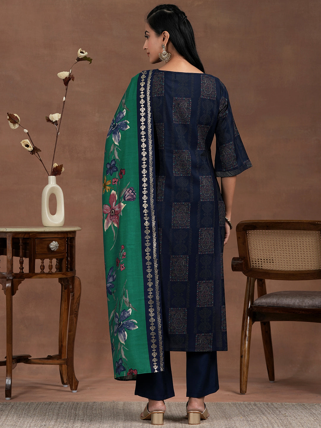 Blue Printed Silk Blend Straight Suit With Dupatta