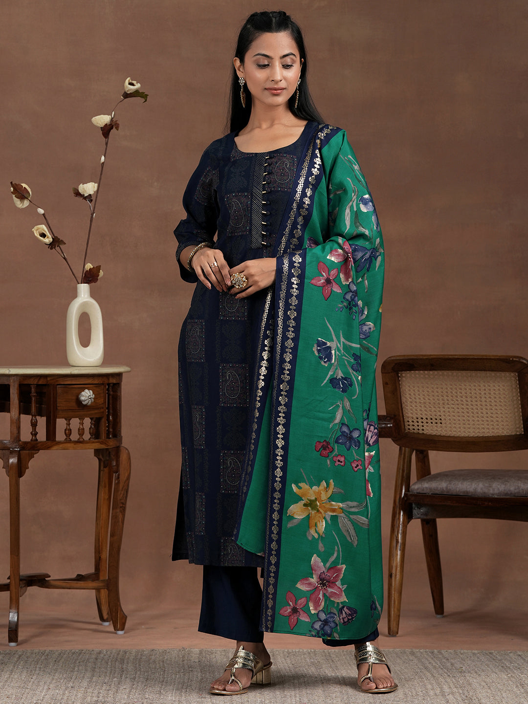 Blue Printed Silk Blend Straight Suit With Dupatta