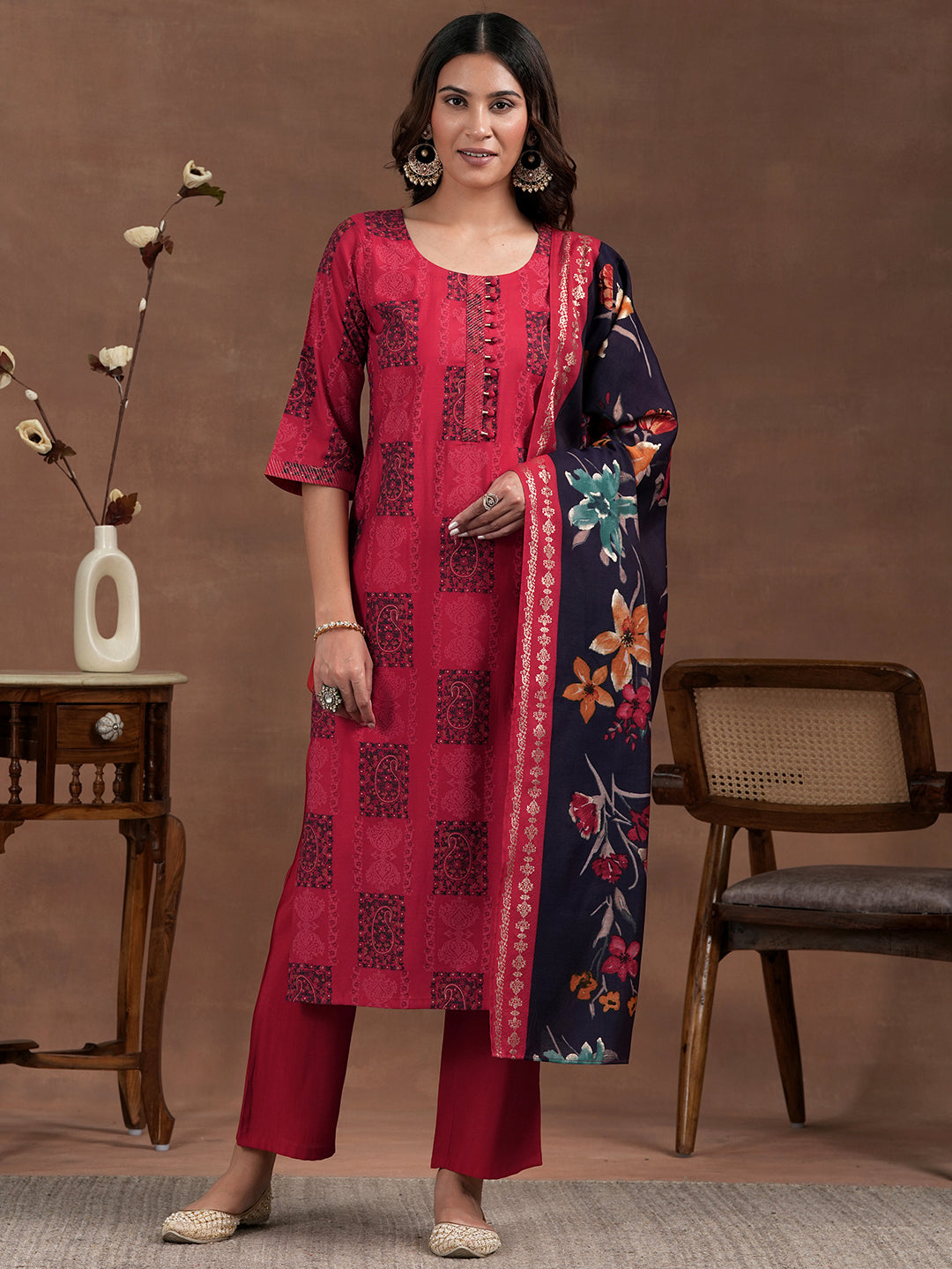 Red Printed Silk Blend Straight Suit With Dupatta