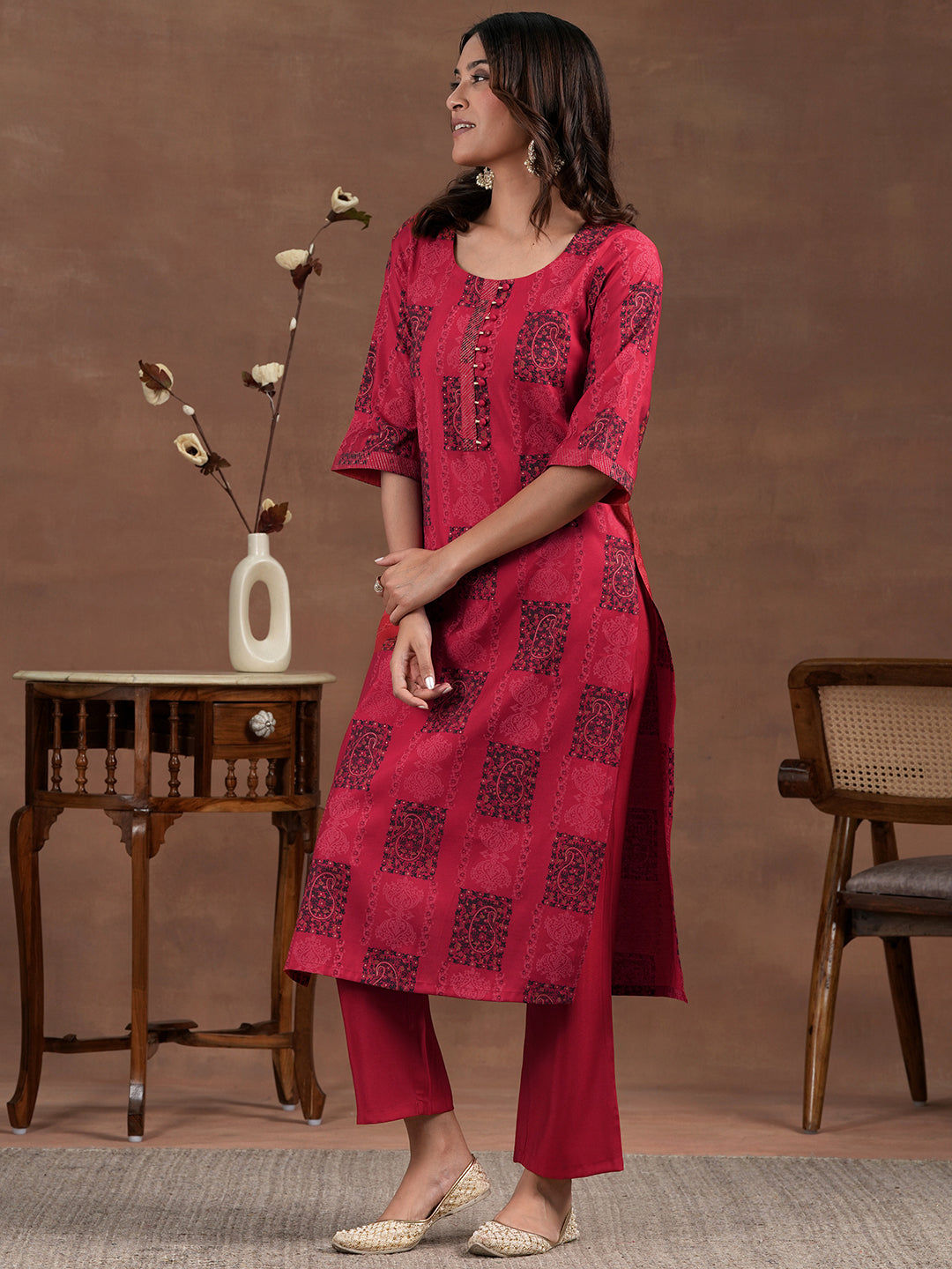 Red Printed Silk Blend Straight Suit With Dupatta