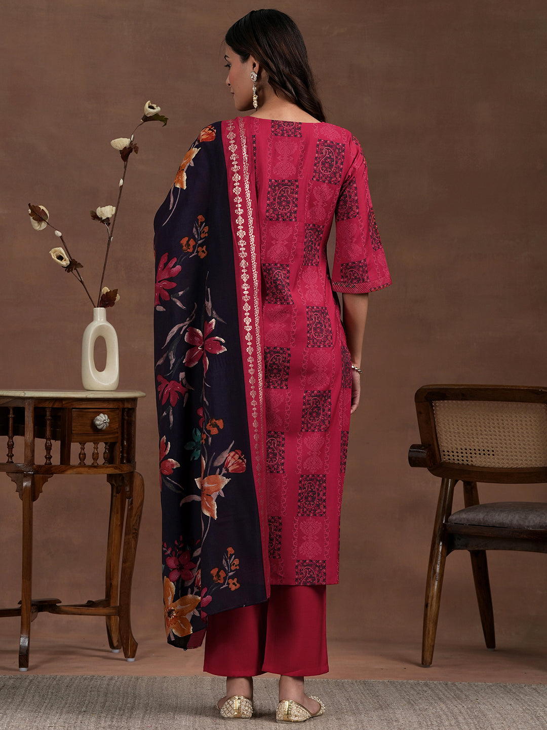 Red Printed Silk Blend Straight Suit With Dupatta