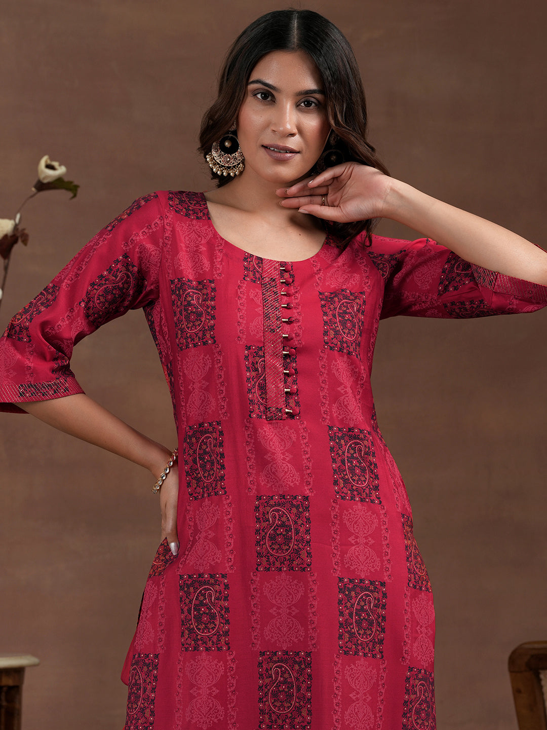 Red Printed Silk Blend Straight Suit With Dupatta