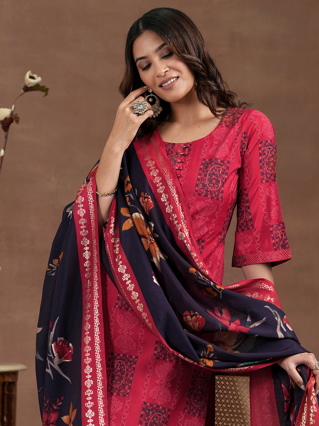 Red Printed Silk Blend Straight Suit With Dupatta