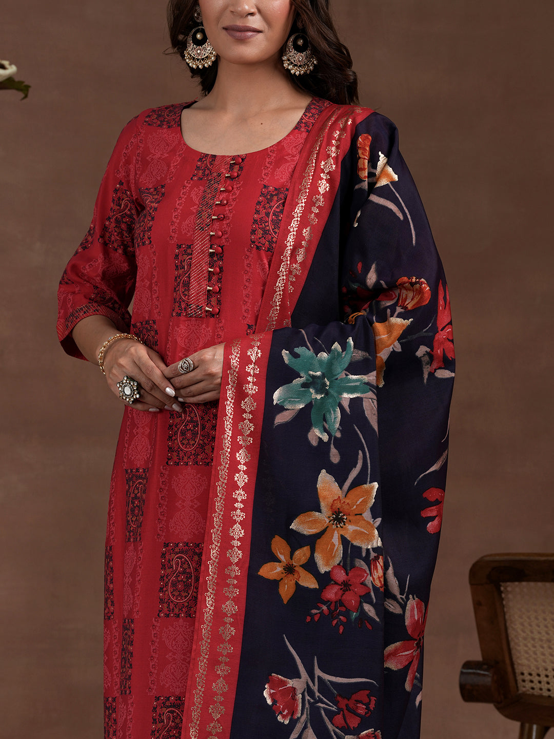 Red Printed Silk Blend Straight Suit With Dupatta