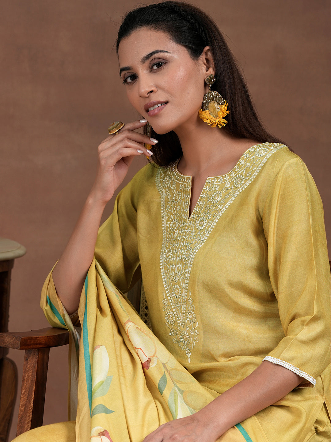 Yellow Yoke Design Silk Blend Straight Suit With Dupatta