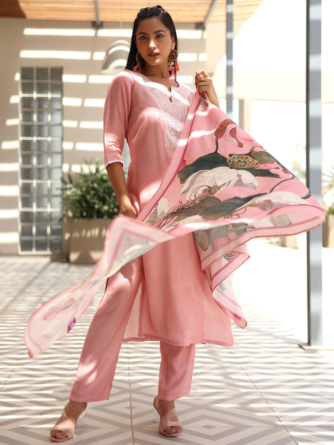 Pink Yoke Design Silk Blend Straight Suit With Dupatta