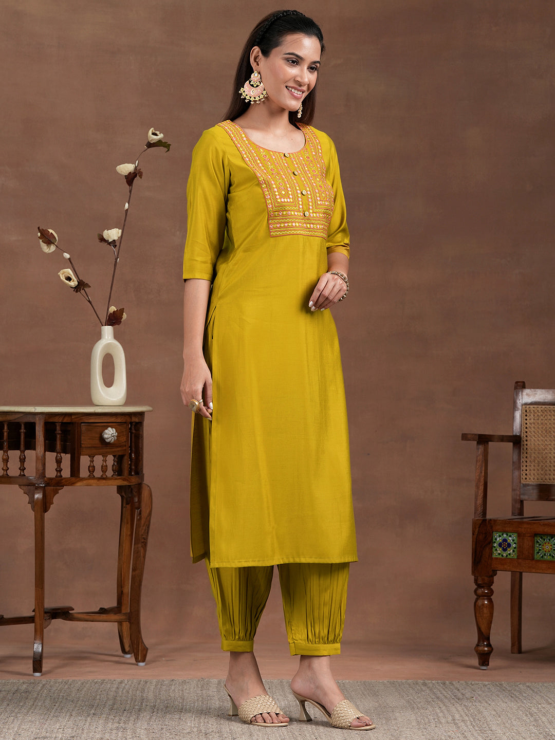 Mustard Yoke Design Silk Blend Straight Suit With Dupatta