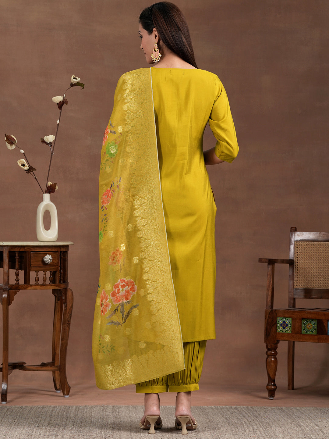 Mustard Yoke Design Silk Blend Straight Suit With Dupatta