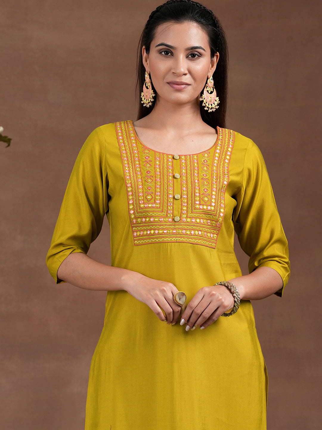 Mustard Yoke Design Silk Blend Straight Suit With Dupatta